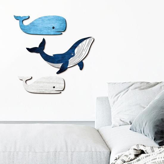 3 Stück Holzwal Wandkunst Nautisch Küstenmotiv Blau und Weiß Wal Wanddekoration Rustikal Meeresfisch Wandbehang
