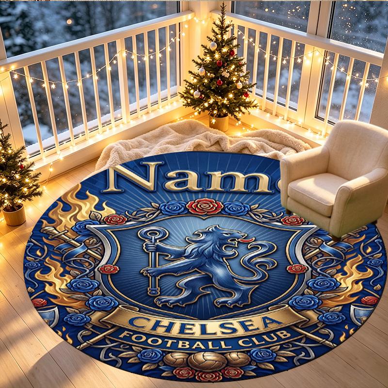Custom Name Personalized Chelsea Football Club Print Round Rug, Versatile Home Decor Carpet, for Playroom, Apartment, Balcony, Entryway, Hallway Gift