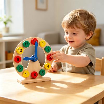 Brinquedo de Relógio de Madeira para Crianças Pré-escolar Reconhecimento de Números e Cores Relógio de Aprendizagem de Horas para Crianças Pequenas Relógio Educacional Auxílio de Ensino com Ponteiros Móveis