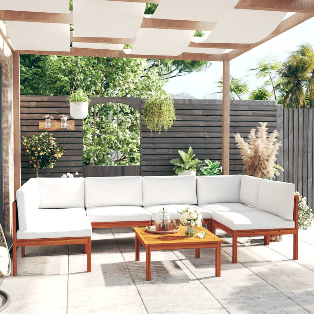 Salon de jardin 7 pièces avec coussins, bois d'acacia crème et corde