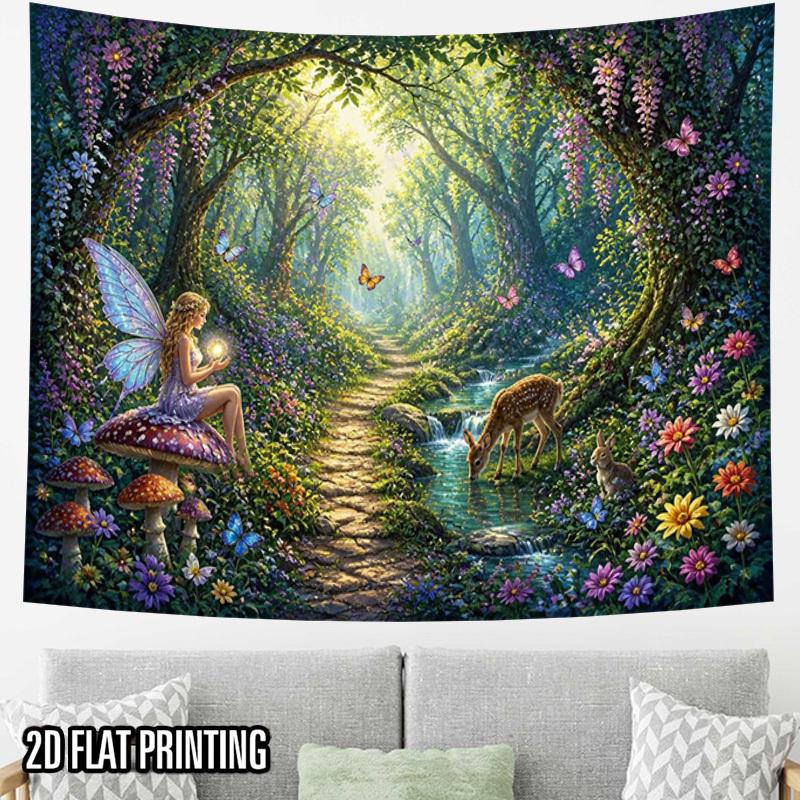 2D Flat - 2D Flat - 2D Flat Print 1pc Tapestry Forest Fairy And Deer by Stream Tapestry, Fantasy Nature Wall Art Photo Booth Backdrop Suitable for Par
