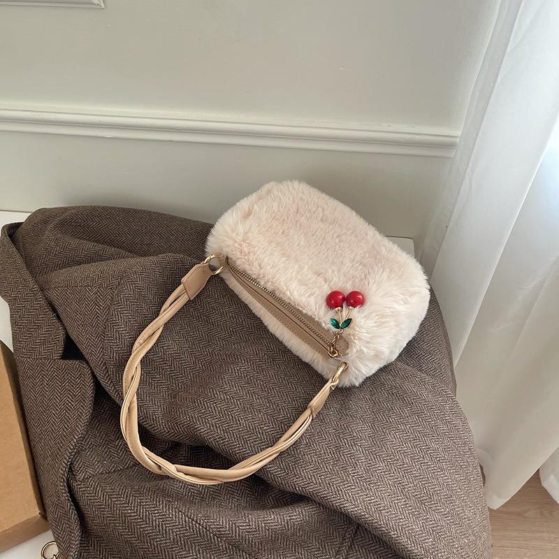 Winter new niche design cherry hair bag plush chain bag woven portable messenger bag women's tide