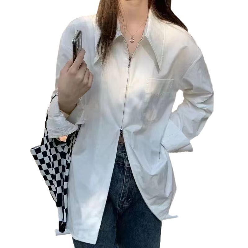 French design niche double-zipper long-sleeve shirt for women, loose and versatile Hong Kong-style vintage shirt jacket for spring and autumn