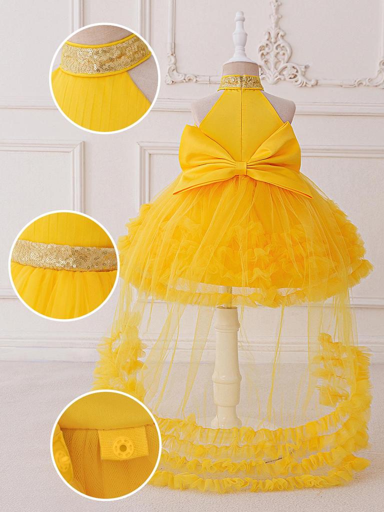 Abito da sera da principessa per bambina: Scollo all'americana, Strascico lungo, Abito a strati tipo torta con fiocco - Perfetto per damigelle o matrimoni