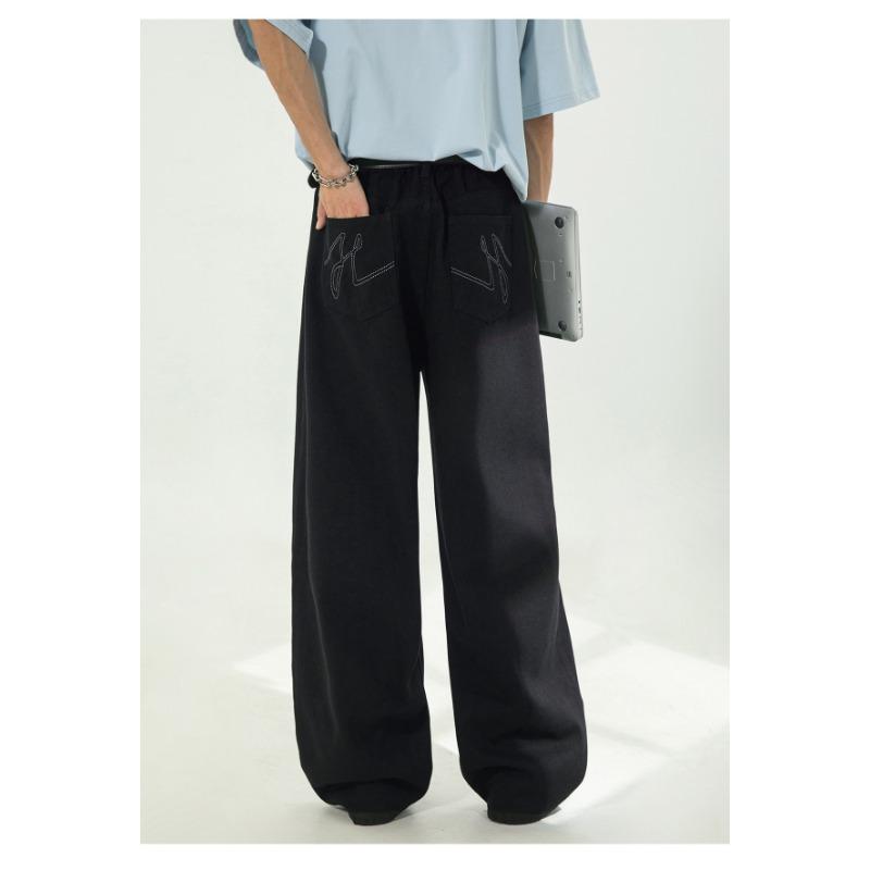 Men Loose Straight Cleanfit Denim Jeans Retro Casual Embroidered Long Pants