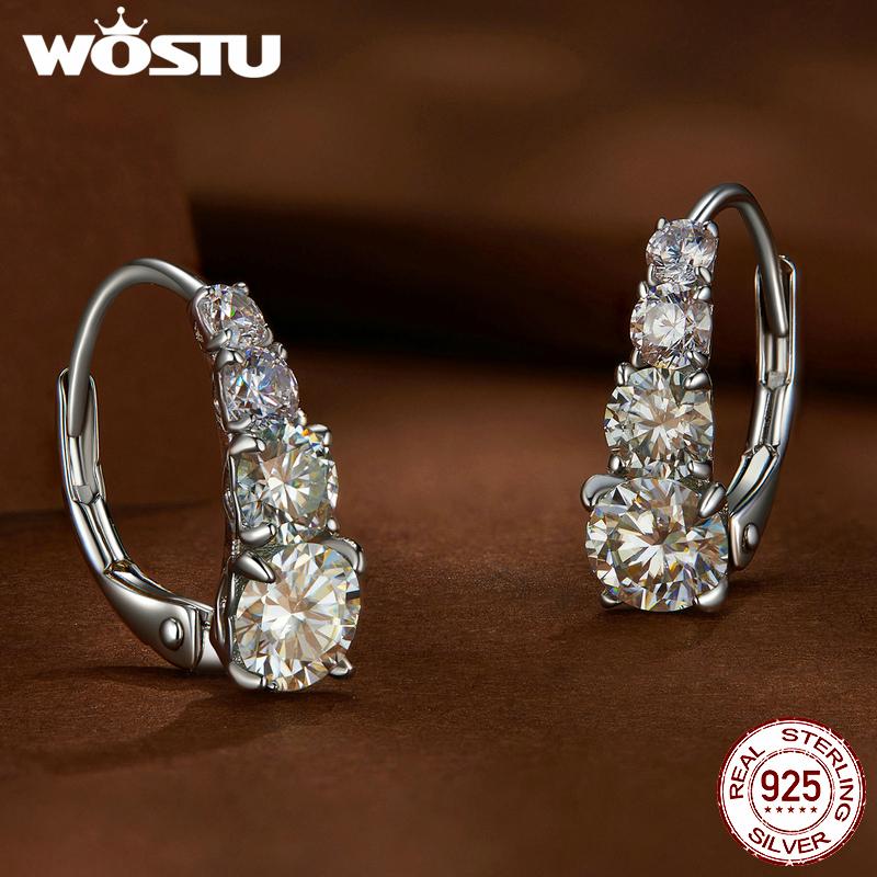 WOSTU 2CT Moissanite Luxury Wedding Drop Dangle Earrings for Women 925 Sterling Silver Engagement Diamond Cut Hoop Earrings