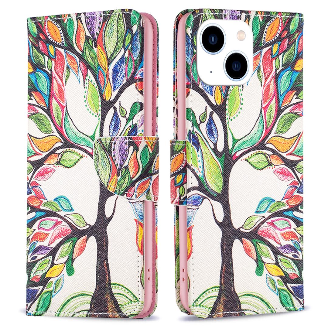 

Stand Wallet Phone Case for iPhone 15,Pattern Printing PU Leather+TPU Phone Cover Life Tree