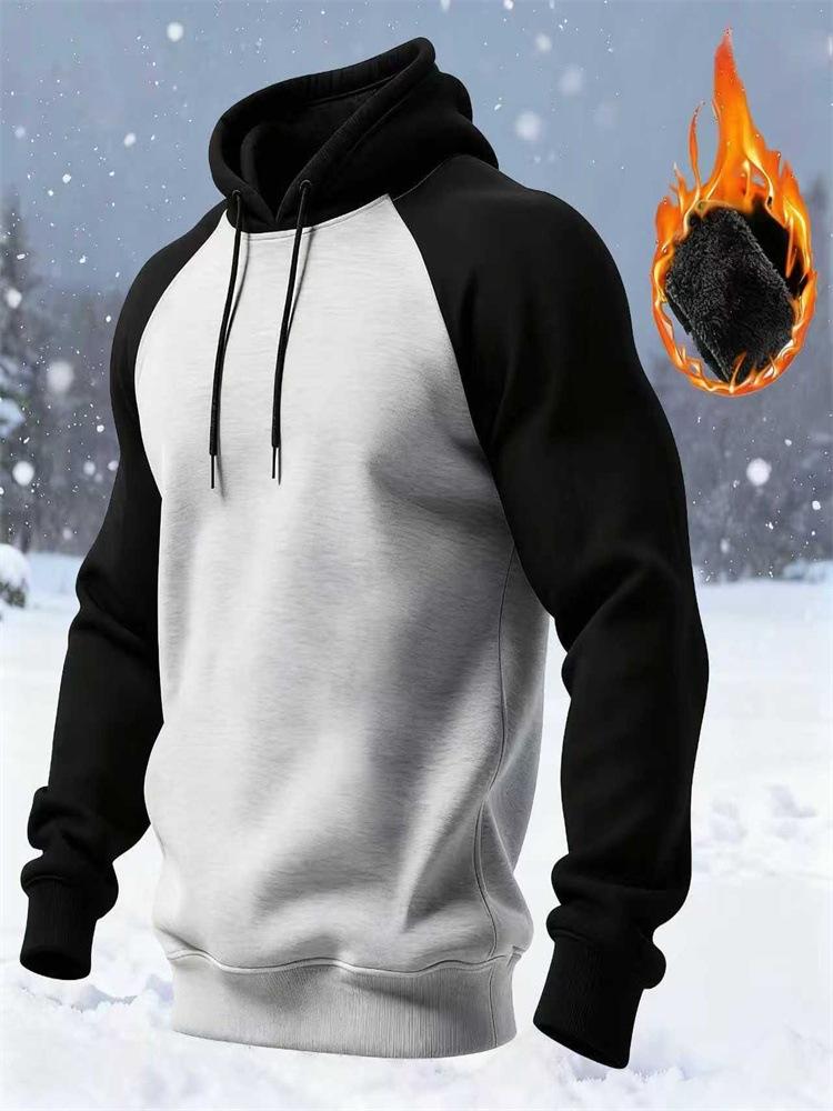 2026 Men's Retro Casual Shoulder Patch Color Loose Hooded Casual Sweatshirt with Fleece and Thickening
