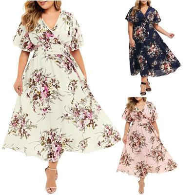 Women Plus Size V-Neck Dress Floral Flower Bohemian Beach Summer Dresses