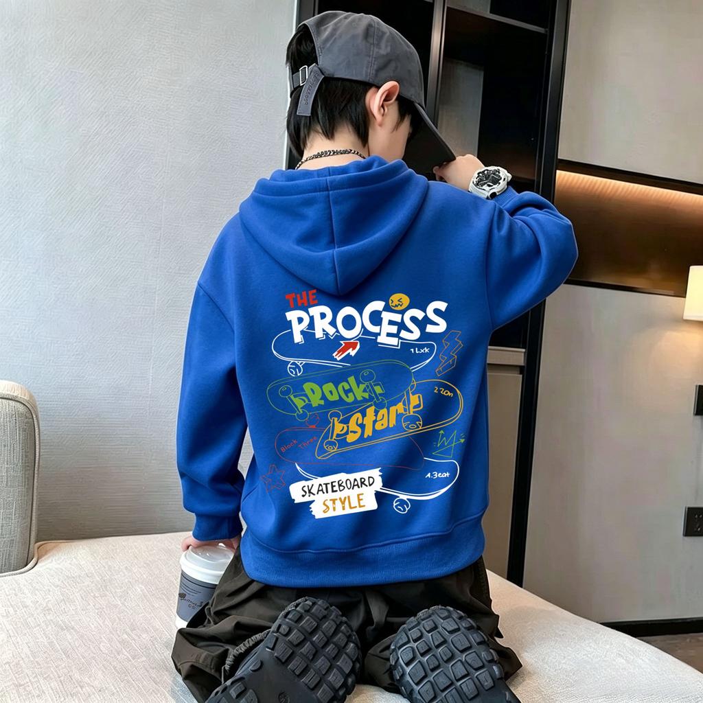 Kids Hooded Sweatshirt Autumn Winter, Skateboard Letter Print On Back, Unisex Pullover Hoodie Casual Warm To
