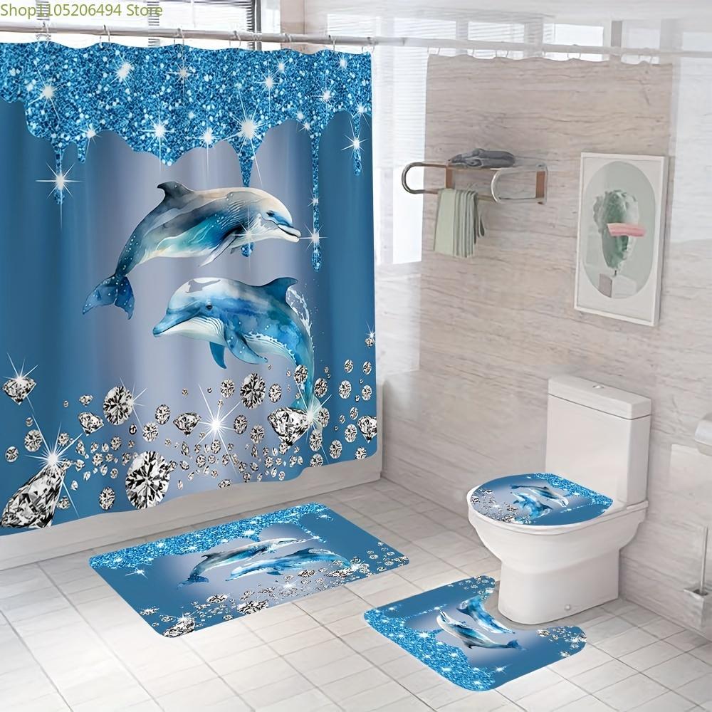 1/3/4pcs Blue Diamond Dolphin Print Shower Curtain Set Non-Slip Toilet Lid U-Shaped Polyester Fabric Shower Curtain with 12 Ho