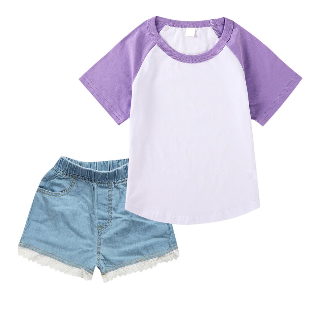 Girls' Raglan Set , Short Sleeve Top & Denim Shorts