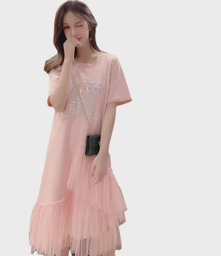 2025 Trendy Summer Mesh Letter T-shirt Dress with Puffy Fairy Skirt
