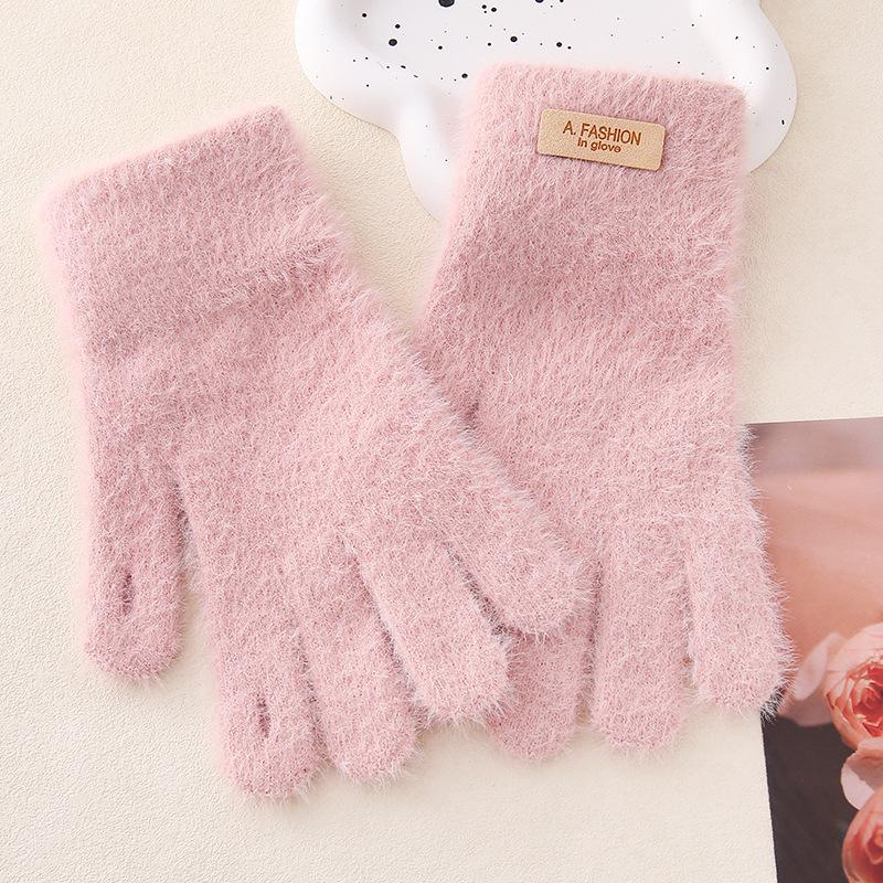 Fashion mink thickened knitted open leather label cute five-finger adult plush розовый