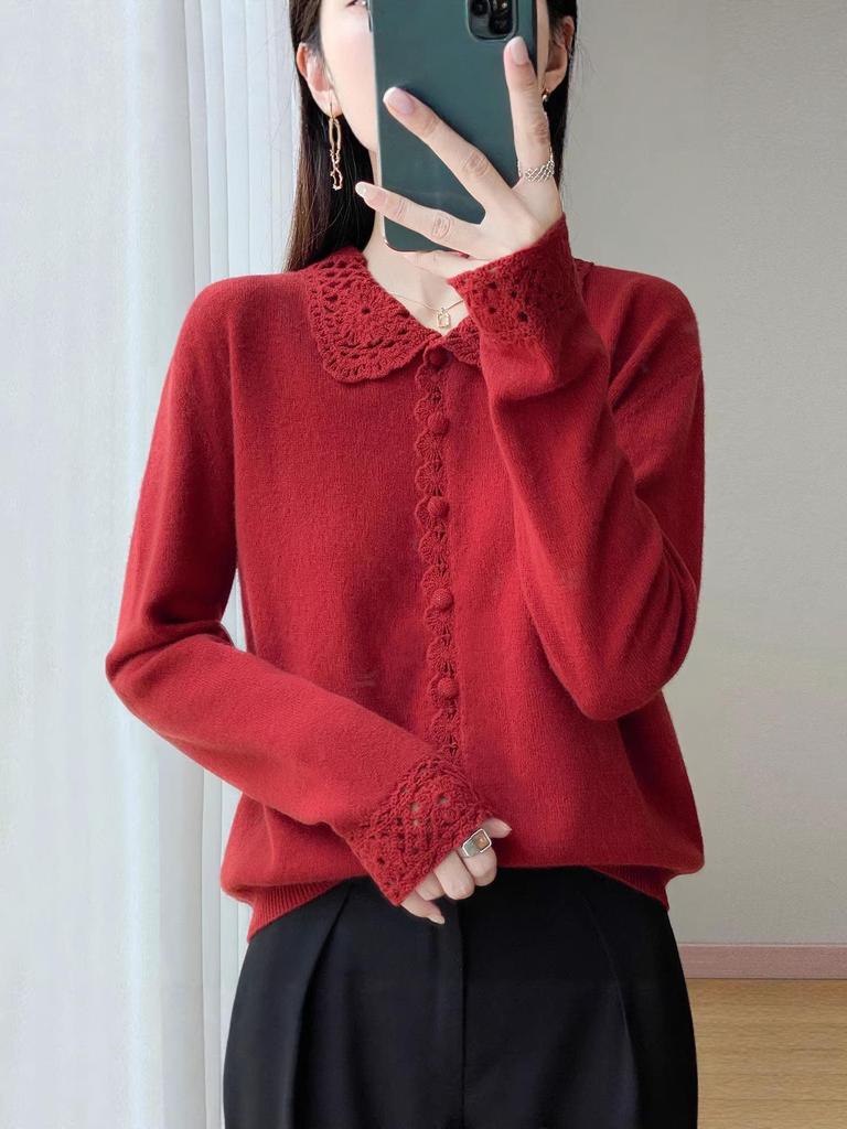 2026 Spring/Autumn Women's Crochet Lace Collar Mercerized Wool Cardigan, Machine Washable Knit Jacket.