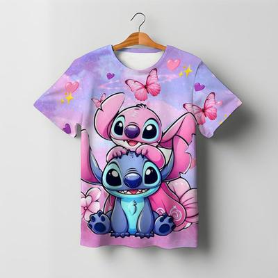 T-shirt Kawaii Stitch pour filles, vêtements pour enfants, t-shirts pour tout-petits, vêtements pour enfants, été 2025, manches courtes, dessin animé pour enfants et garçons