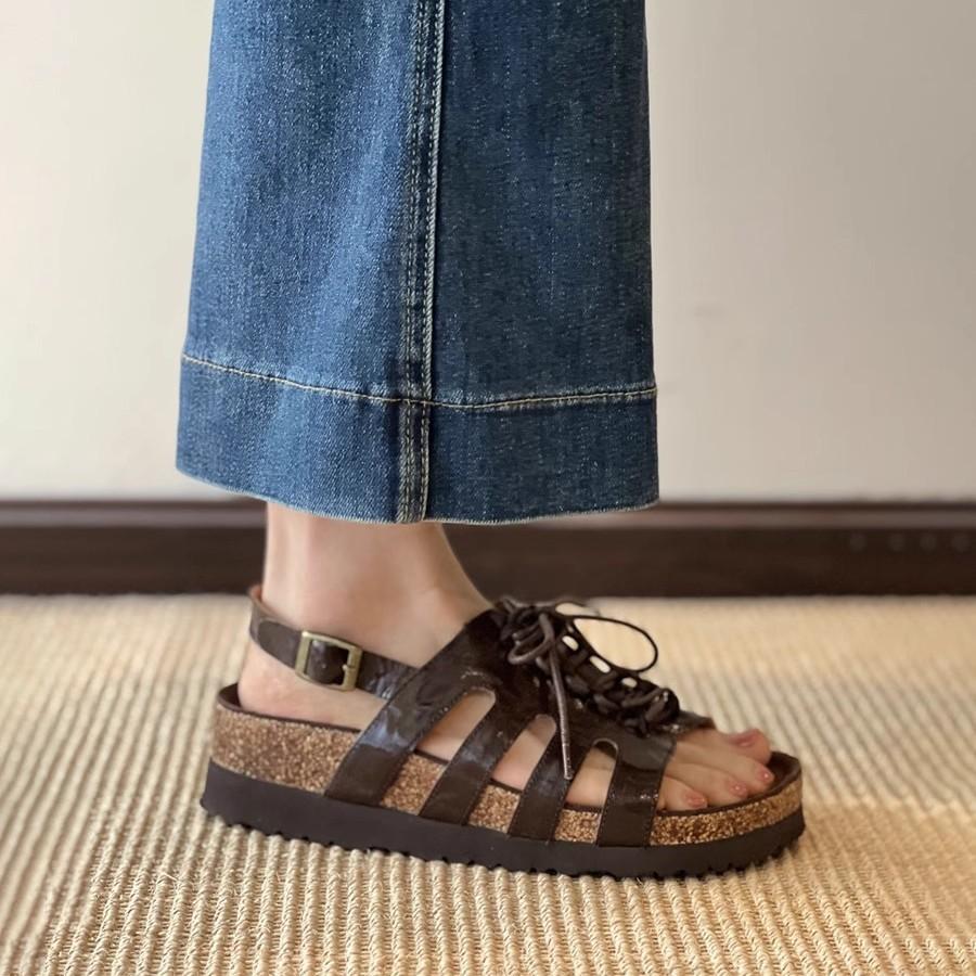 Lammfellversion~ Neue hohle Schnürleder-Römersandalen für Damen zum Tragen, Retro-Rundkopf, vielseitige Plateausandalen von Boken