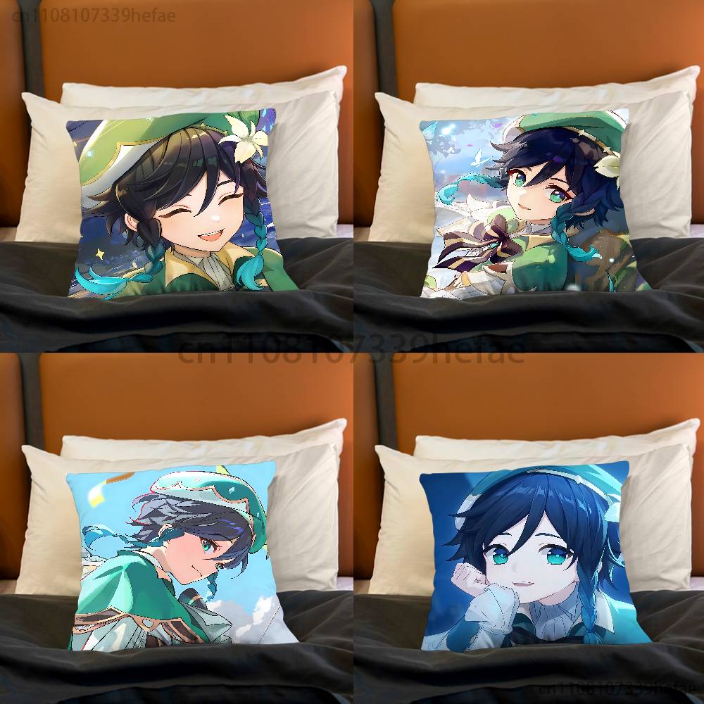 genshin impact venti Funny Pillow Case Antidustmite Pillowcase Invisible Zipper Silky Short Plush Sofa Cushion Cover