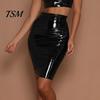 High Waist Skirt Women Club Faux Leather Skinny Sheath Zipper Closure Solid Slimming Color Glossy Surface Slim Fit Knee Length Lady Party Dating