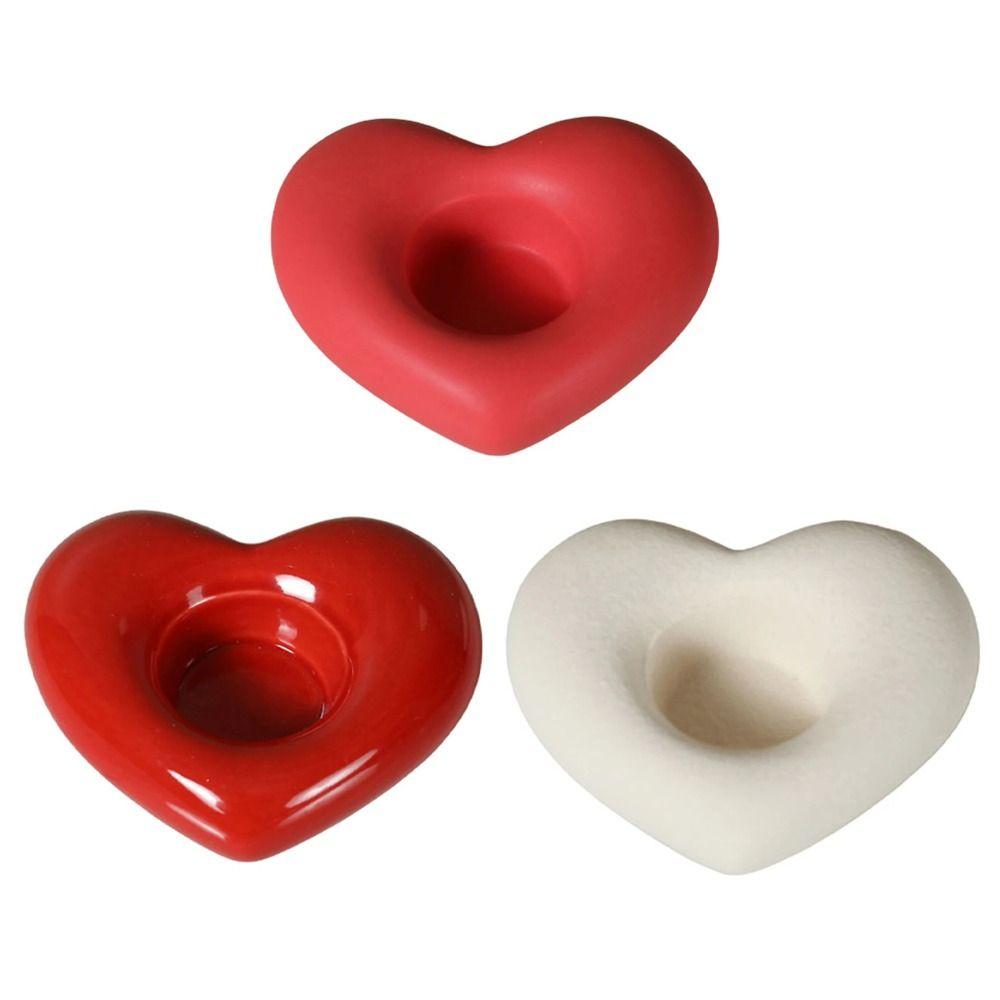 Ceramic Material Heart Shaped Candle Holders Red/White Color Decorative Ceramic Candlestick Smooth Surface Heart Shape Design