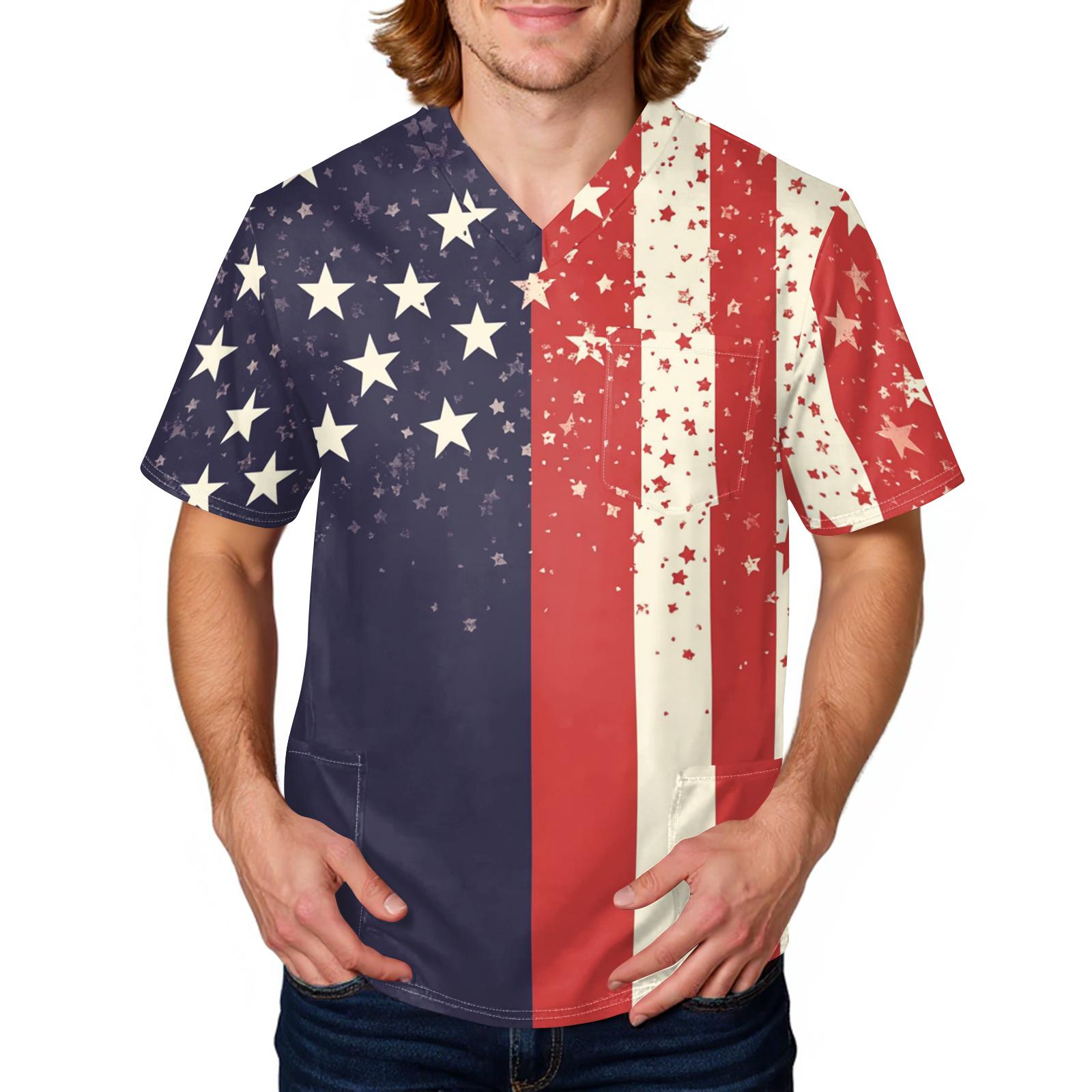 

Men s Casual V Neck Medical Scrub Top with Large Pockets Short Sleeve Workwear Shirt Patchwork Flag Print Design XXXL