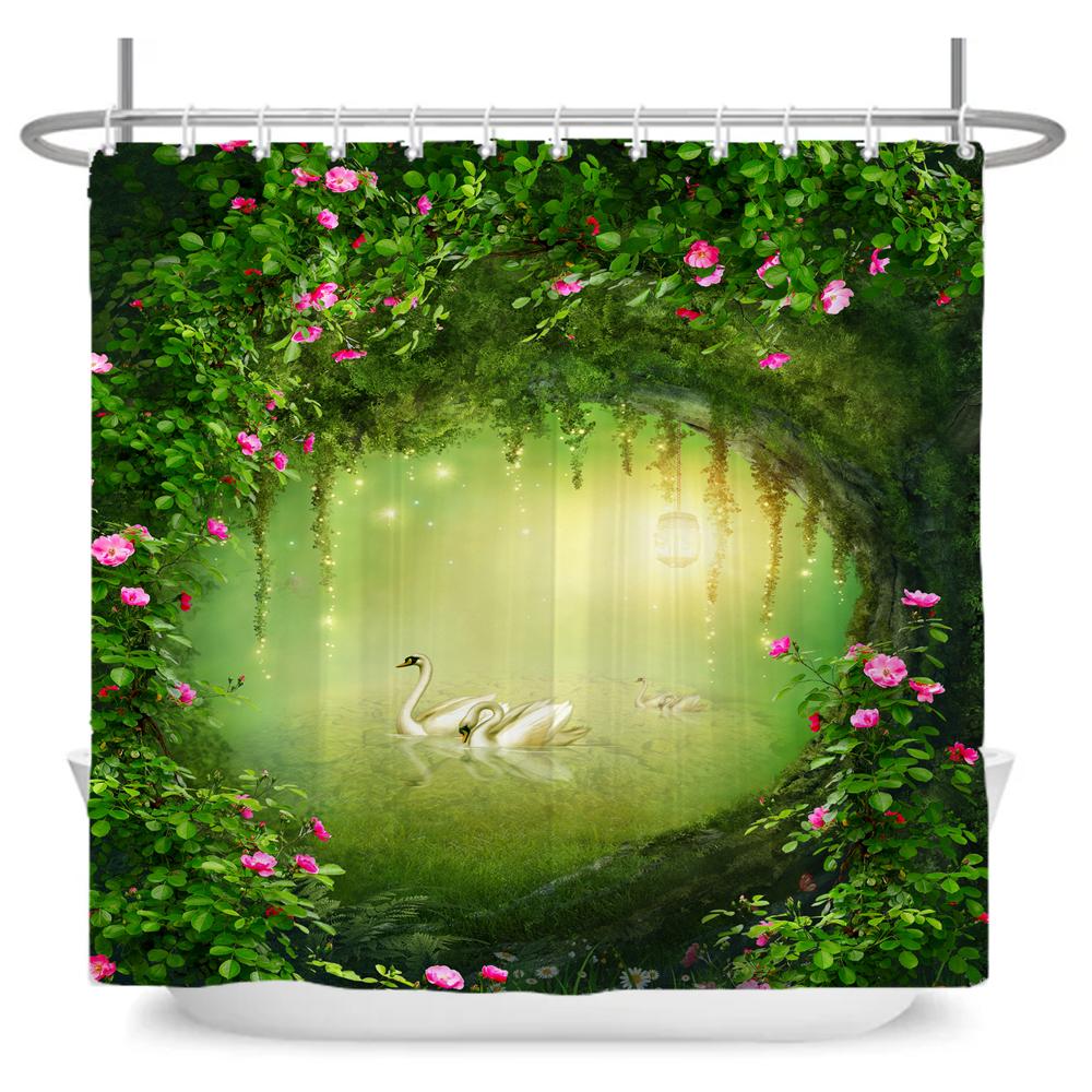 Enchanted Forest Shower Curtain Cartoon Magic Tale Mushroom Wonderland Gothic Shower Curtain Waterproof Bath Decor With Hooks