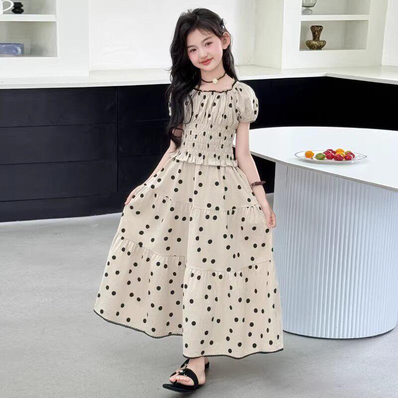 Girls Summer Puff Sleeve Top And Polka Dot Skirt Set Middle Big Kids Sweet Casual Two Piece Outfit 120