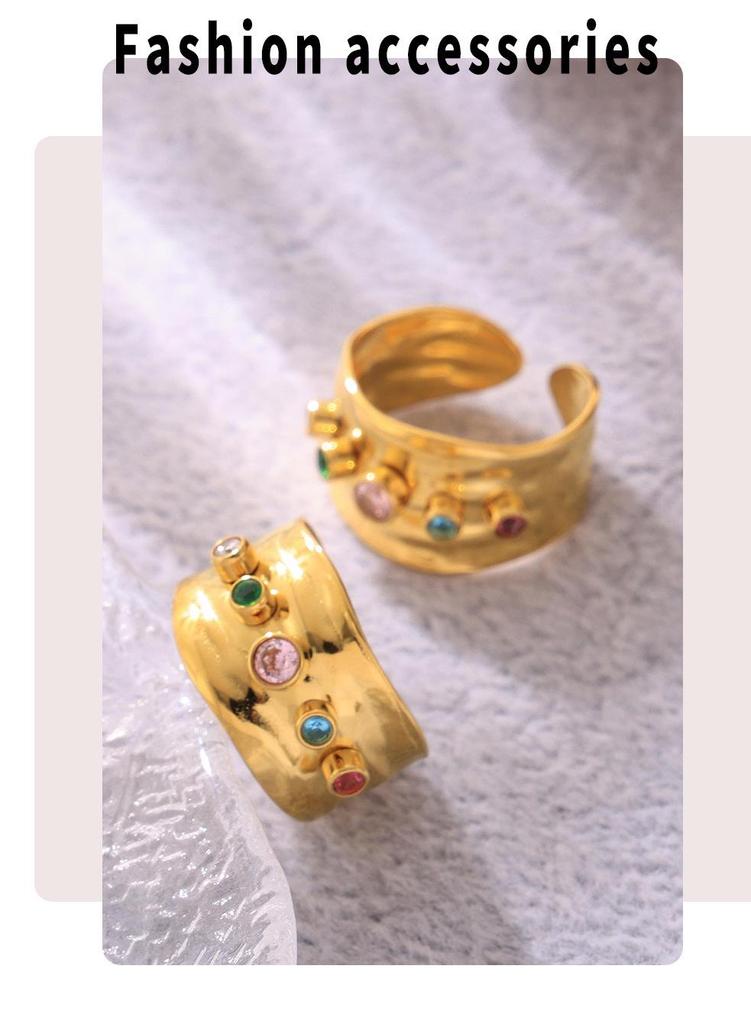Qiong Yao Mixed Color Cubic Zirconia Open Ring C-shaped Earrings, 18K Gold Plated Stainless Steel Jewelry Set for Women