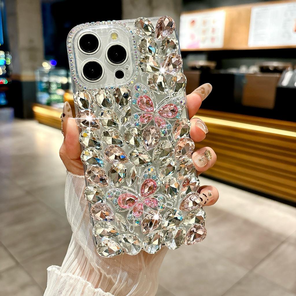 For iPhone 16 Pro Max Case Glass Rhinestone Two Butterfly Decor TPU Phone Back Cover