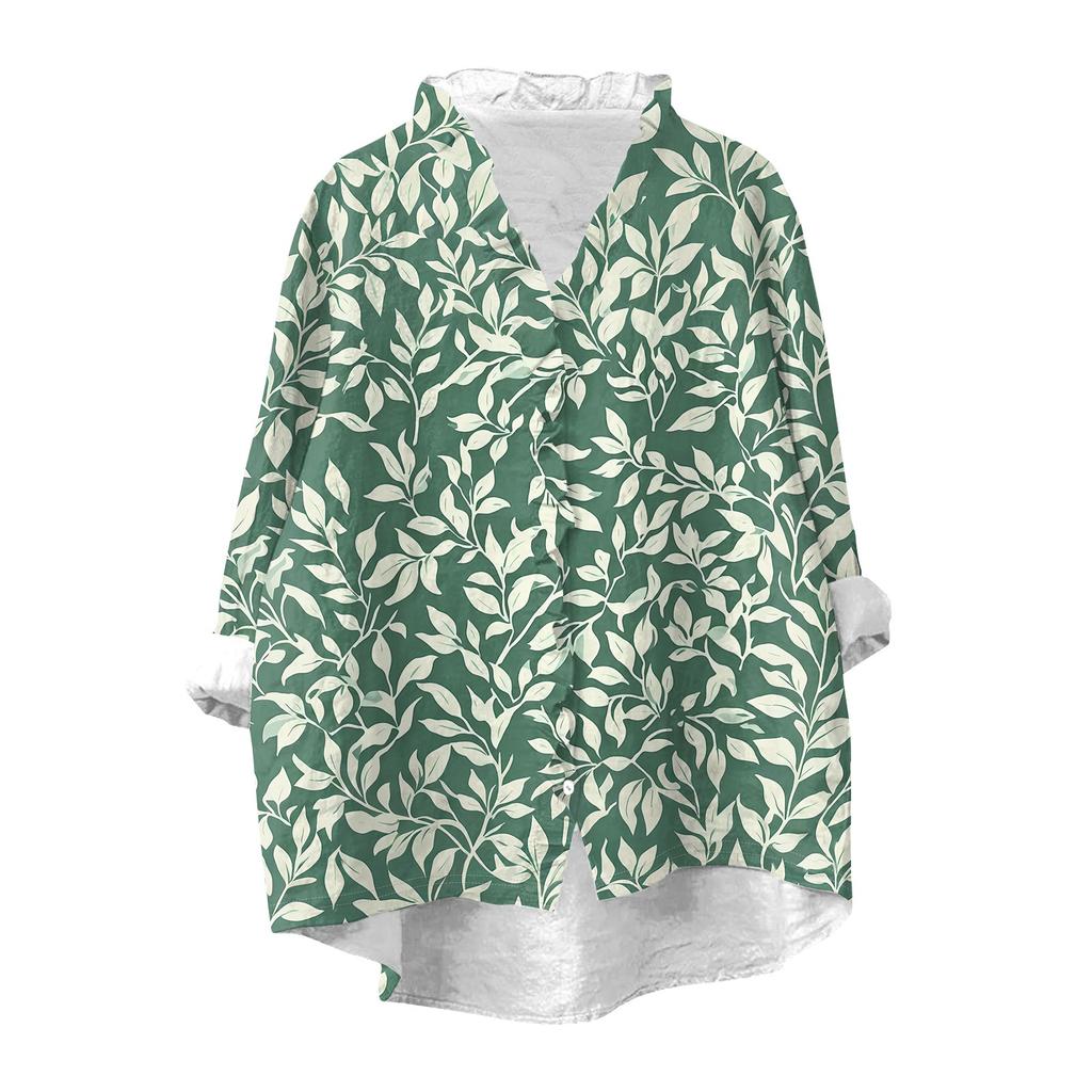 Women's Loose Ruffled Retro Floral Print Stand Collar Long Sleeve Cotton And Linen Top