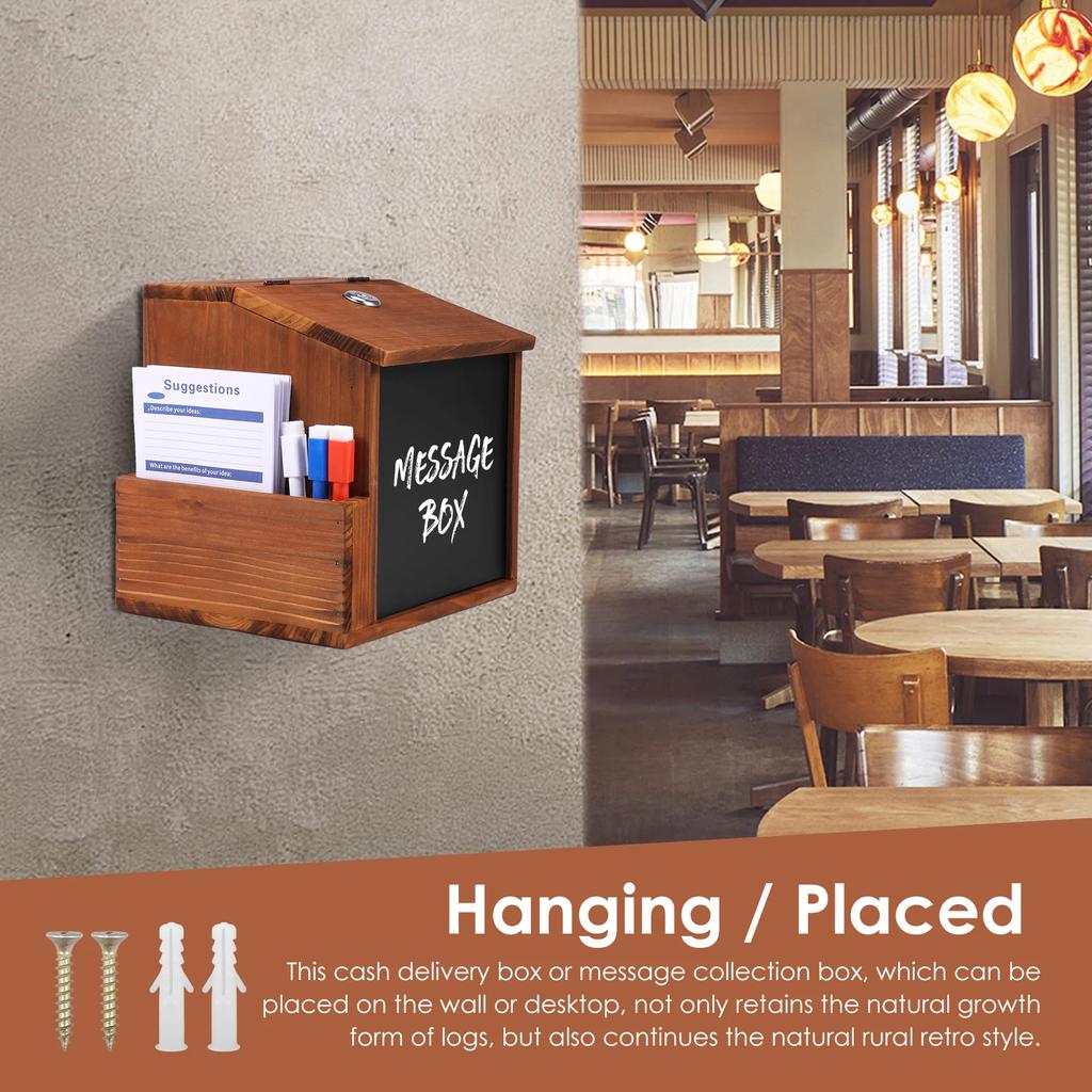 Wood Suggestion Box Wall-mounted Comment Box with Slot and 3 Erasable Pens Lockable Money Drop Box for Home Office Decoration
