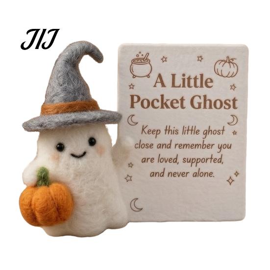 Small Halloween Prop Little Pocket Ghost, Handmade Wool Felted Ghost with Pumpkin, Mini Plush Toy Doll Inspirational Card, Emotional Support Gift for