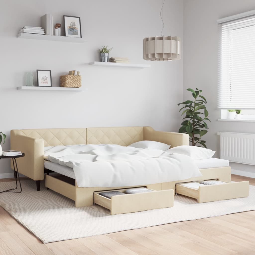 Vidaxl Sofa Rozsuwana Z Szufladami, Kremowa, 100X200 Cm, Tkanina