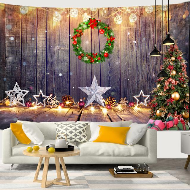 Snow Christmas Tree Fireplace Santa Claus Print Tapestry Wall Hanging Background Cloth Decor Christmas Home Room Wall Decoration