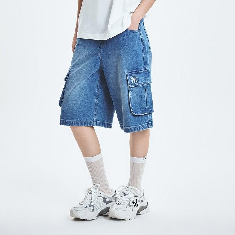 MLB Denim-Serie New York Yankees Basic Cargo Locker Mode Vielseitig Einfach Fünf-Punkt Denim-Shorts Damen-Shorts Indigo 3FDPB0453-50INS