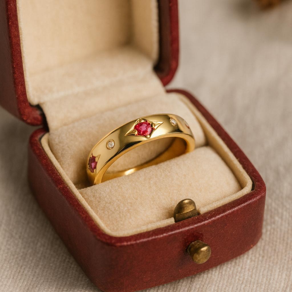 Wedding Engagement Anniversary Promise Gift – Yellow Gold Plated Ruby Wedding Band, Women’s Pave Pink Stone Minimalist Dainty Gold Ring