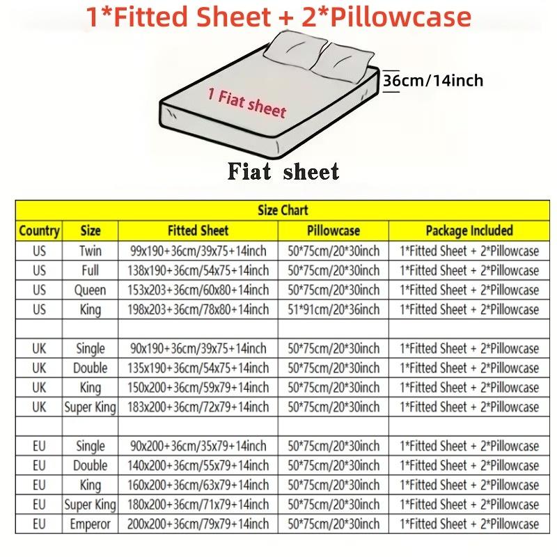 3pcs Black White Floral Digital Printed Fitted Sheet, for Home Bedroom Dormitory and Hotel Use (1 Fitted Sheet + 2 Pillowcases)