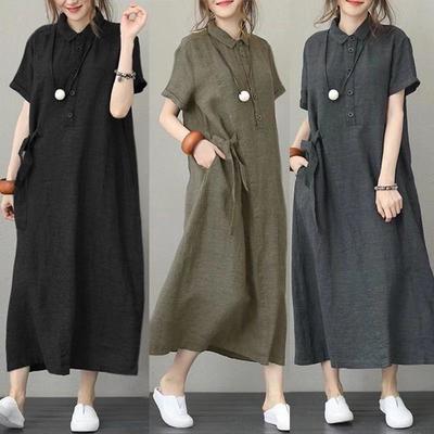 Rochie Casual de Damă din Bumbac și In, cu Guler și Mânecă Scurtă, Croială Largă