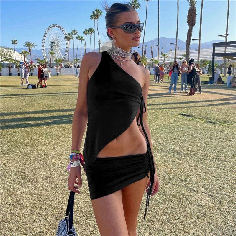 Fashion Ins Style Fashion Special-Interest Pleating One Shoulder T-shirt Low Waist Miniskirt