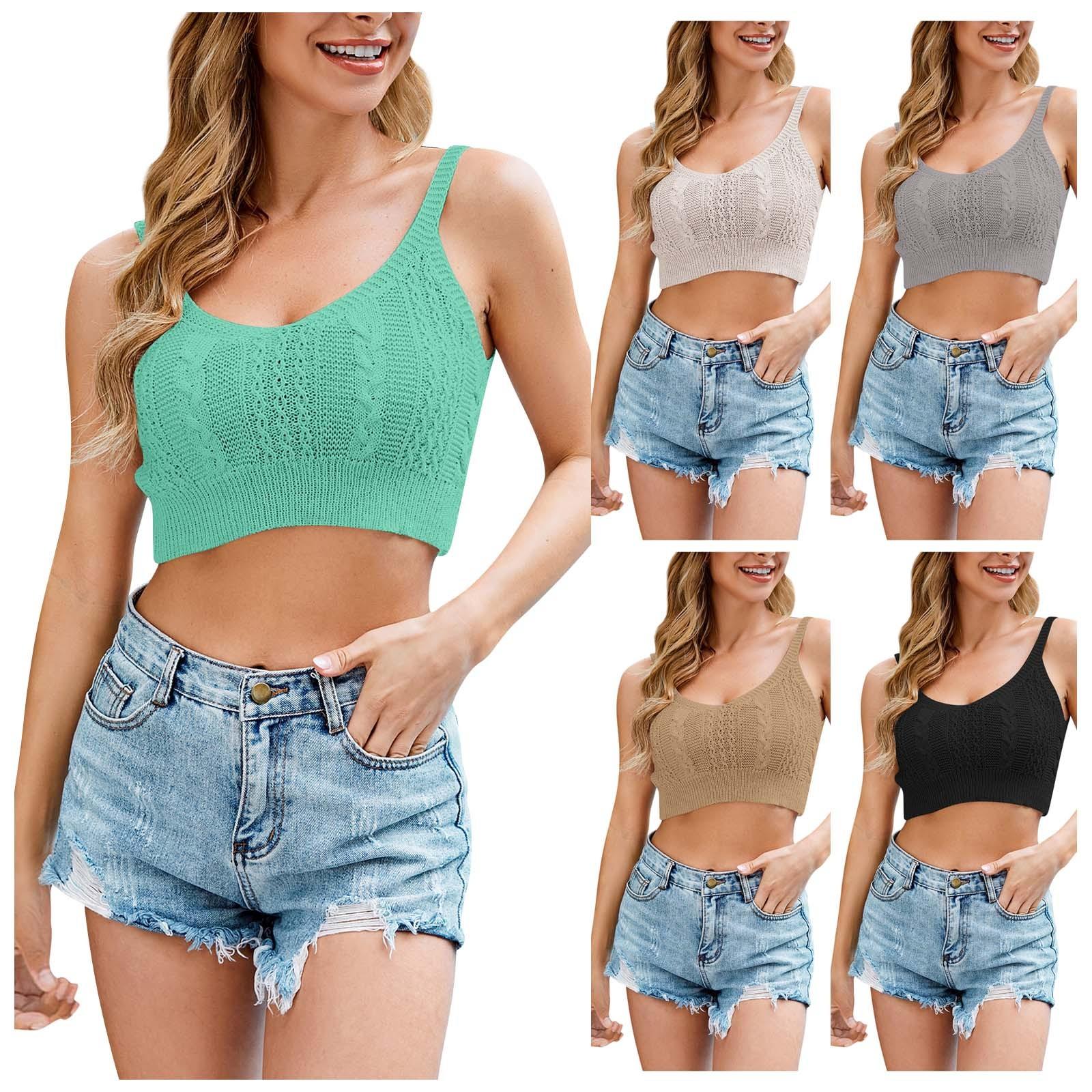 

Женская мода из ледяного шелка, короткий однотонный вязаный топ с лямкой на шее