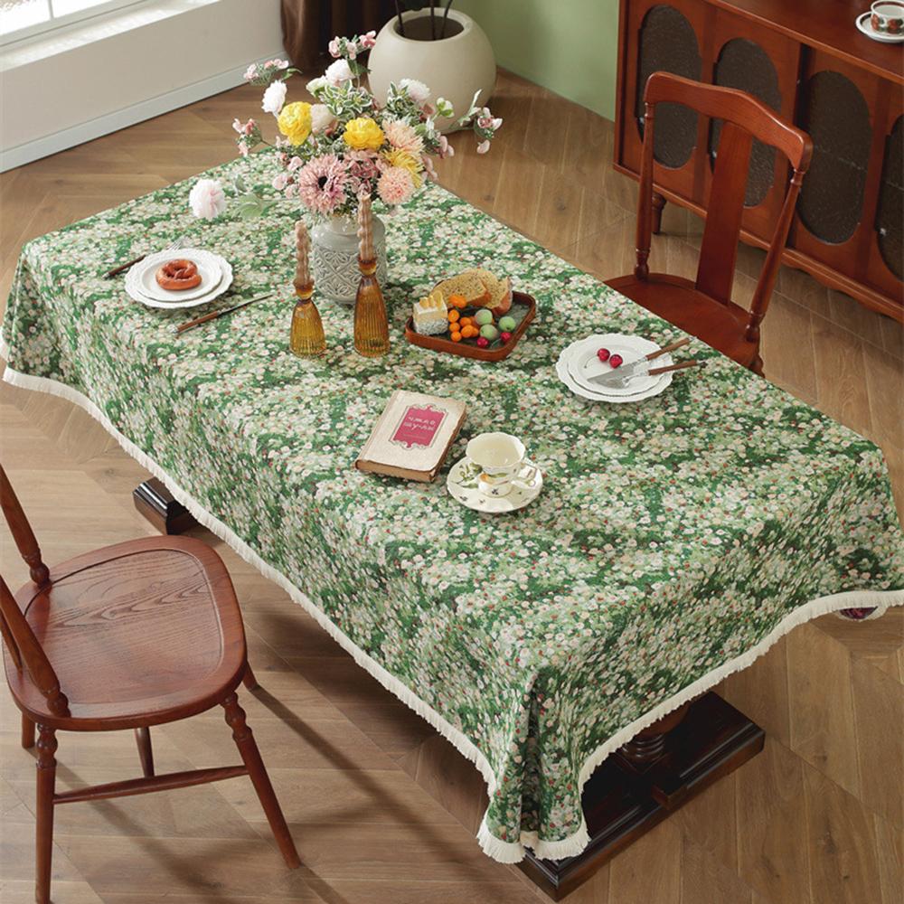 Retro Green Tablecloth Polyester Cotton Yarn-Dyed Jacquard Plant Flowers Tassel Tablecloths Rectangular Table Cloth Decor Home