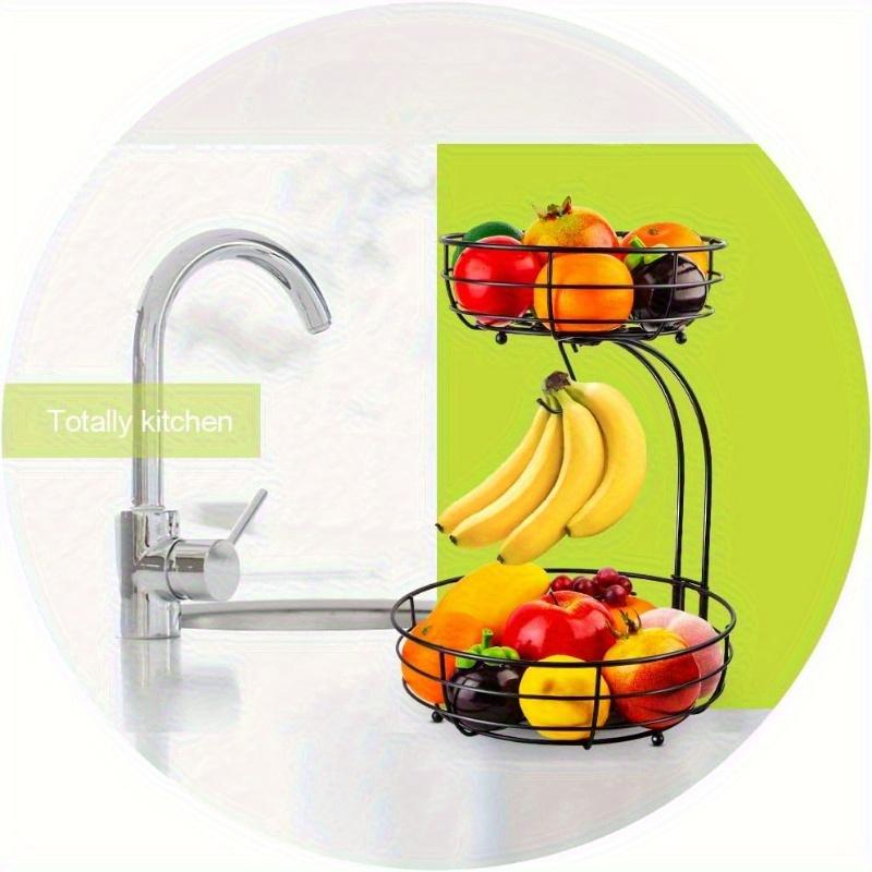 2-Tier Octagonal Stainless Steel Fruit Basket with Detachable Banana Hangers - Space-Saving Kitchen Counter Organizer