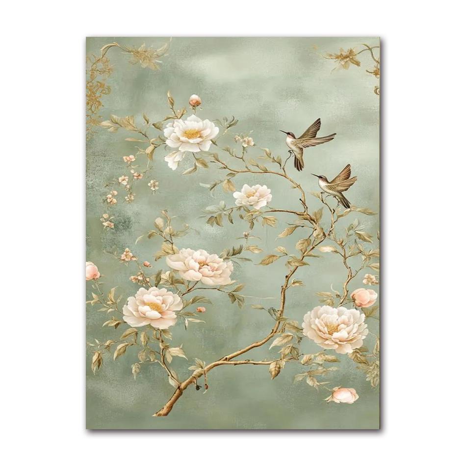 hinese Style Peony and Hummingbird Canvas Wall Art - Exquisite Floral Print - Elegant Home Decor - Ideal Housewarming Gift