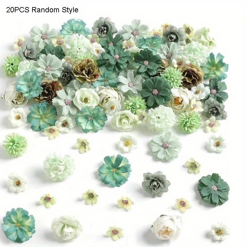 20 Pcs Flower Heads, Mini Artificial Flowers, Green, Purple, Pink, Wedding Bridal Headpieces, Flowers