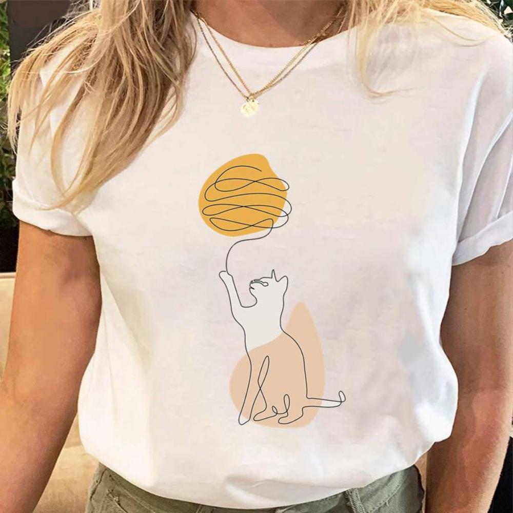 

Women Print Tees Tshirt Female Clothes Regular Short Sleeve Tops Cat Simple Cute Print Ladies Fashion Cartoon Graphic T-Shirt S