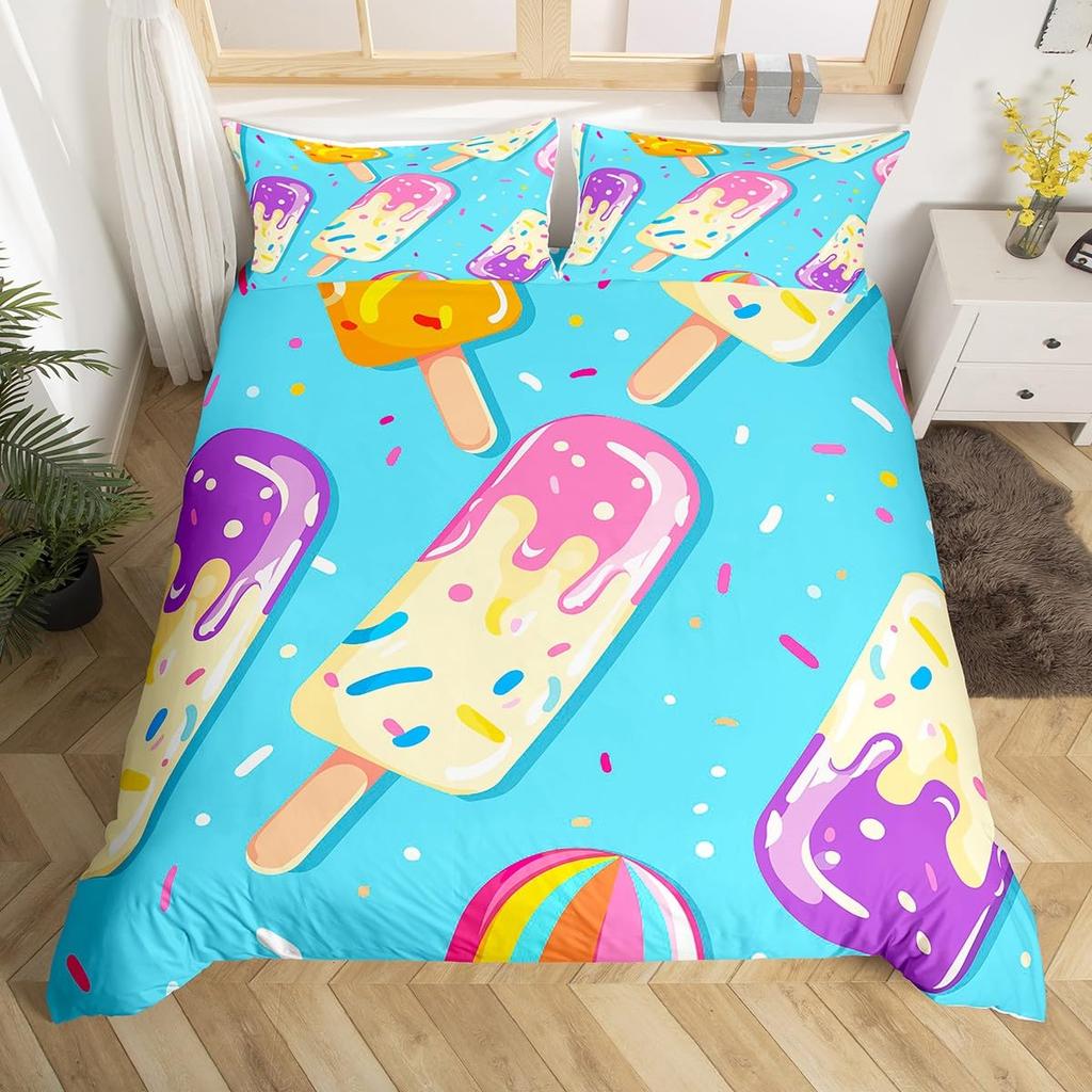 Cartoon Food Duvet Cover Twin Queen Size Yummy Dessert Bedding Set, Ice Cream Pattern Comforter Cover for Kids Girls Room Dorm
