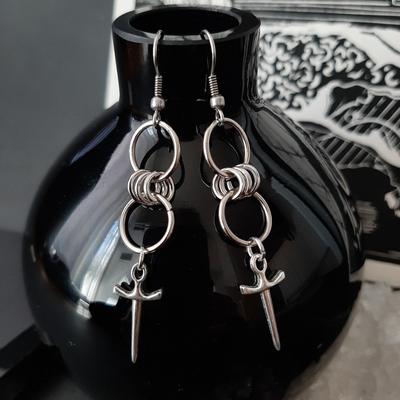 Gothic Punk Sliver Color Geometric Double-ring Short Sword Long Pendant Dangle Earrings for Men Women Trendy Personality Jewelry