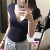 American-Style Spicy Girl Deep V-Neck Navy Blue Short-Sleeve T-Shirt for Women, Summer New Pure Desire Waist-Cinching Slim-Fit Backless Short Top