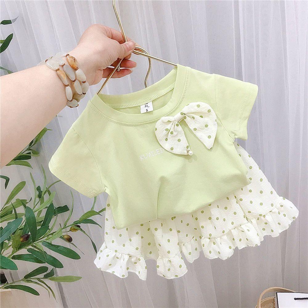 Girls Cotton Summer Short Sleeve T Shirt with Polka Dot Skirt Set