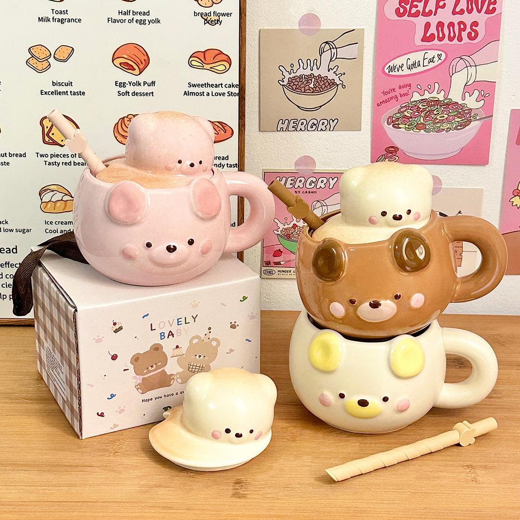 Cute Bear Ceramic Mug, Birthday Gift Cup, Gift Box for Girlfriends, Water Cup, Household Couple Cup with Lid